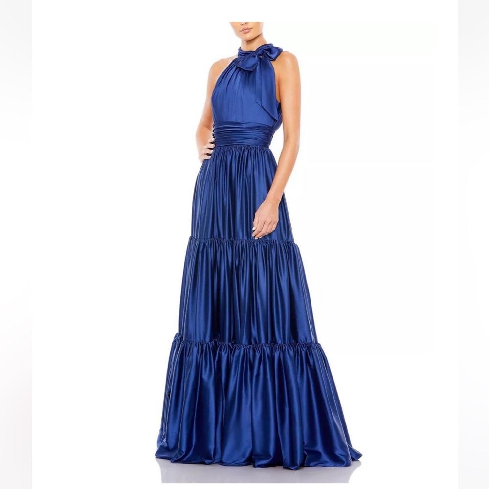 Mac Duggal Bow Detail Tiered Satin A Line Gown